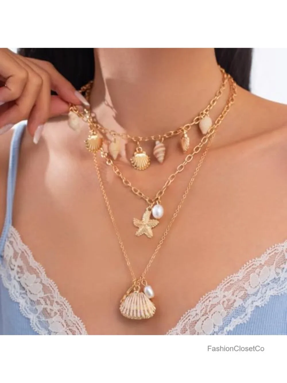 Layered Pearl Starfish Shell Necklace Gold Seastar Seashell Chain Choker Beach